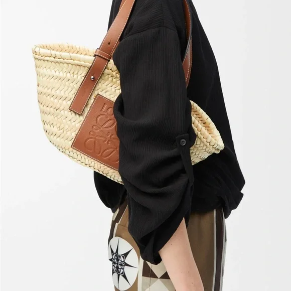 Loewe NWT Raffia palm leaf basket top handle shoulder bag with calf leather